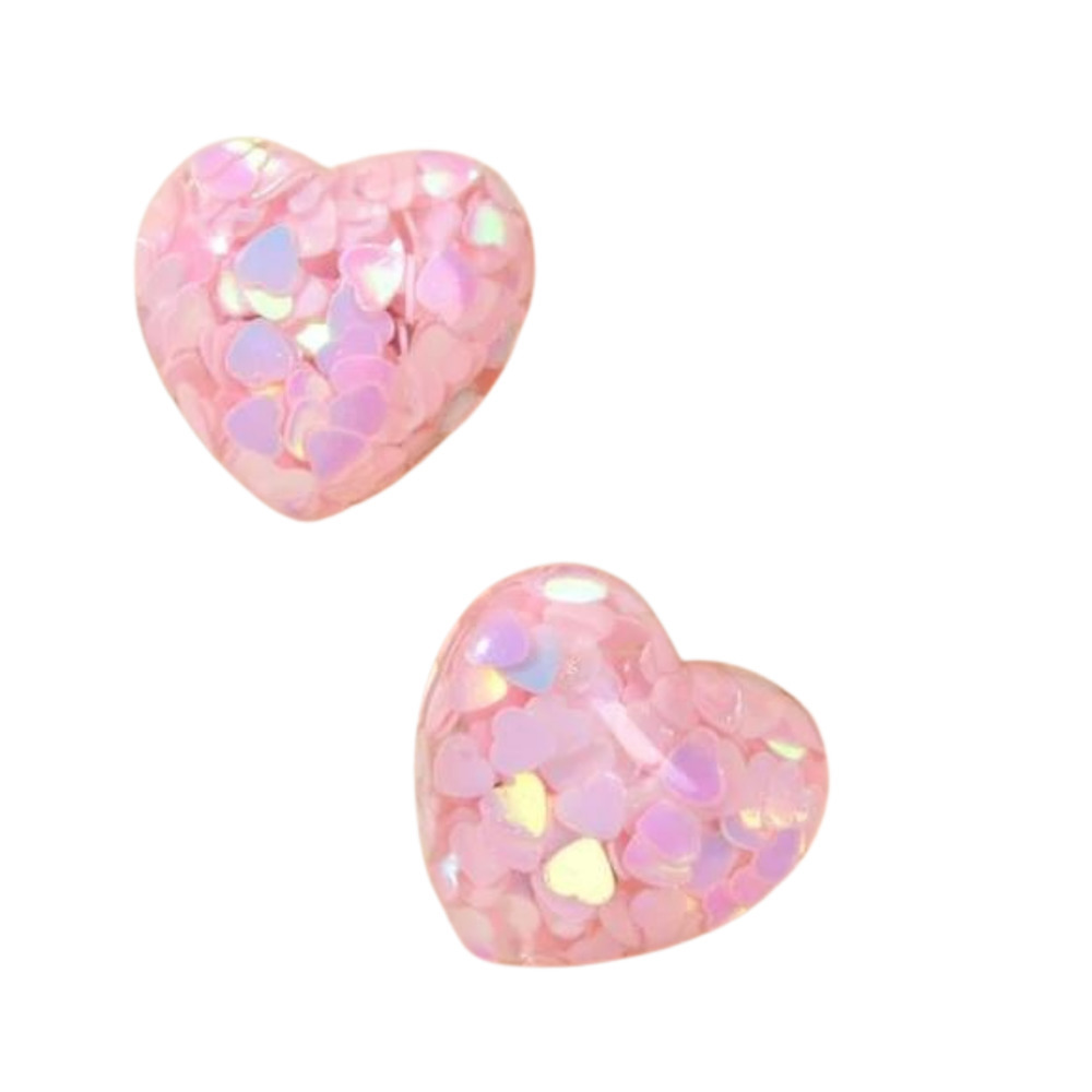 Pastel Pink Stud Earrings Iridescent Heart Posts Pink Heart Shaped Glitter Studs - Picture 3 of 5